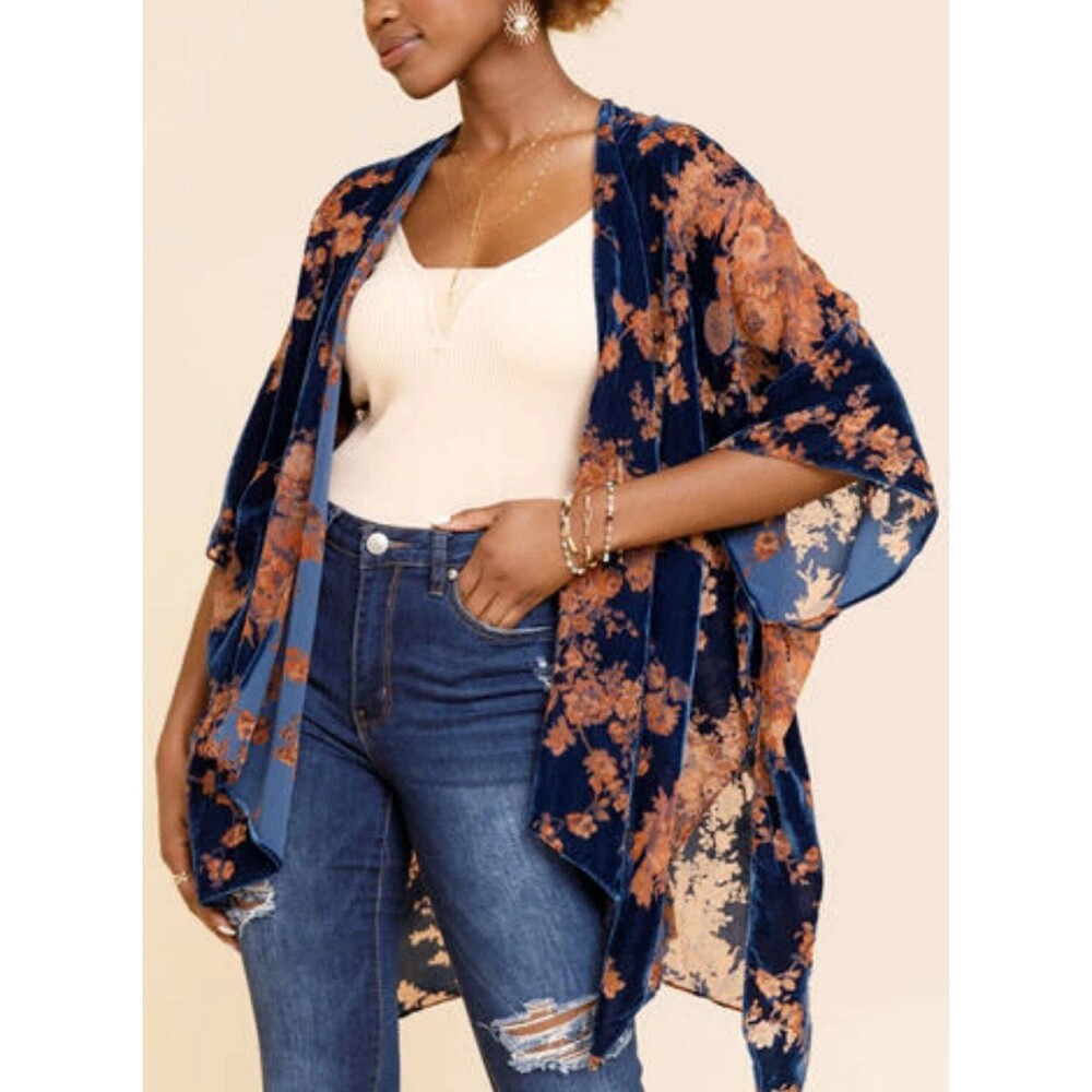 World Market Sheer Velvet Burnout Kimono Floral Navy Blue Brown Boho Festival